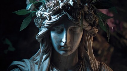 Marble bust of a serene woman wearing a laurel wreath, illuminated by moody blue light. Concept Marble Bust, Laurel Wreath, Serene Expression, Moody Blue Light, Classical Sculpture