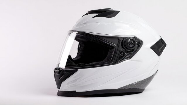 White full-face motorcycle helmet with a clear visor and black trim. Concept White full-face motorcycle helmet, Clear visor, Black trim, Motorcycle gear, Protective headgear
