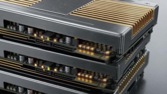 Macro close‑up of stacked AI accelerator modules with gold heat‑sink fins, glowing micro‑LED indicators, graphite metal textures, crisp reflections, ultra‑sharp engineering detail, no people or text.
