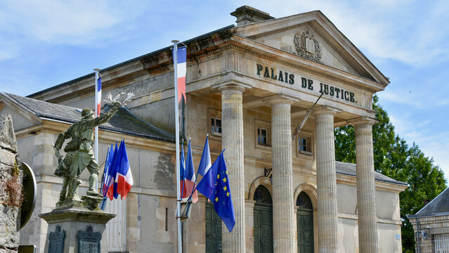 Domfront, Normandy Courthouse Corner View with Great War (World War I) Memorial in Left Foreground