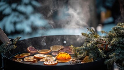 Orange slices simmering in a large pot outdoors, steam rising, surrounded by evergreen branches. Concept Outdoor winter cooking, Orange slices simmering, Steam and aroma, Evergreen garland backdrop