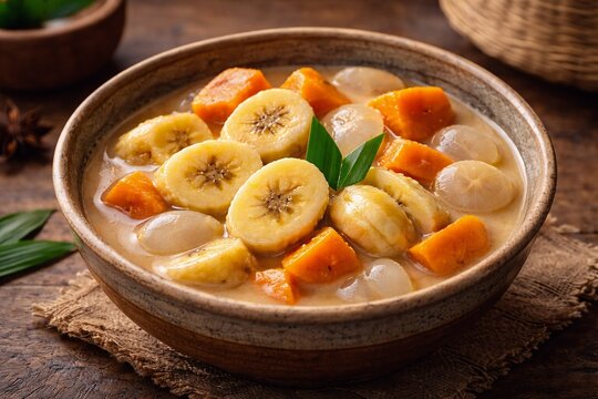 Indonesian Traditional Dessert Kolak Pisang with Sweet Potato and Kolang Kaling in Coconut Milk for Ramadan Iftar