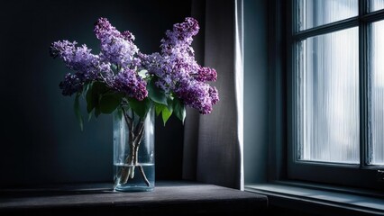 Naklejka premium Purple lilac flowers in a glass vase on a dark wooden table by a window. Concept Lilac blossoms, Glass vase, Dark wooden table, Window light, Still life