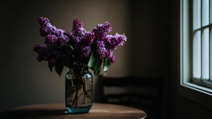 Naklejka premium Purple lilac bouquet in a glass vase on a round wooden table beside a window, softly lit. Concept Purple lilac bouquet, Glass vase on round wooden table, Window light, Soft lighting