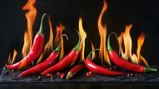 Video A group of colorful hot peppers sit on a table, ready for use in cooking or decoration