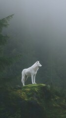 Lone White Wolf in Ethereal Forest Mist
