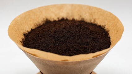 Ground coffee in a brown paper filter, ready for brewing. Concept Coffee Brewing, Ground Coffee, Paper Filter, Drip Brew, Morning Routine