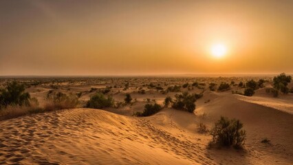 Desert landscape with rolling sand dunes and sparse shrubs under a glowing orange sunset. Concept Desert Landscape at Sunset, Rolling Sand Dunes, Sparse Desert Shrubs, Golden Hour in the Desert