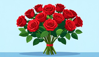A vibrant illustrated bouquet of a dozen red roses tied with a red ribbon on a blue background.