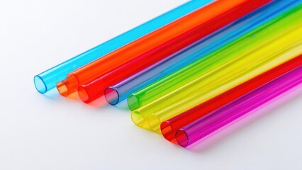 Rainbow-colored transparent plastic drinking straws arranged diagonally on a white surface. Concept Rainbow Straws, Transparent Plastic, Diagonal Arrangement, White Surface, Close-Up