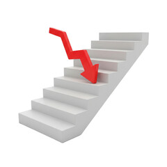 Obraz premium Isolated 3D graphic illustration of a vibrant red arrow sharply descending a clean white staircase, symbolizing financial downturn, market crisis, or business decline concept