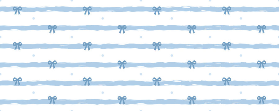 Wavy line pattern with abstract seamless stripes. Cute baby background with blue bows. Vector illustration.