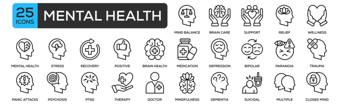 Mental Health Icon Collection Set. Containing Design Mind Balance, Brain Care, Emotional Support, Stress Relief, Mental Wellness