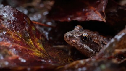 Fototapeta premium A small brown frog camouflaged among wet leaves, peeking its head out with a large dark eye. Concept Brown frog, camouflage, wet leaves, macro shot, large dark eye