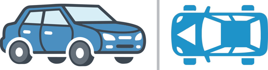 A two-panel vector illustration displaying a blue sedan from a side perspective and a top-down aerial silhouette of a car, representing automotive design, parking, or vehicle tracking. © reza