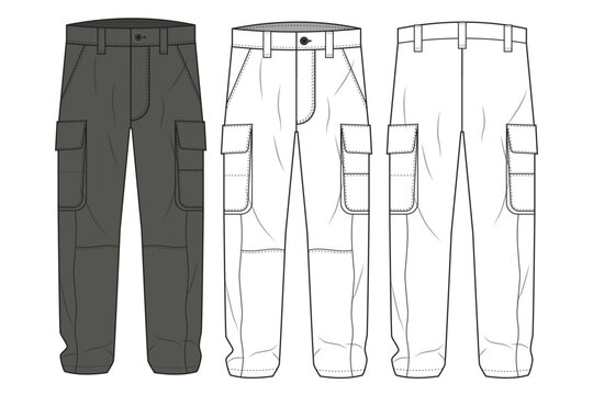 man cargo pant technical fashion template. utility workwear trousers fashion illustration. flat sketch cargo pant CAD technical drawing, multi pockets, zipper, mockups.