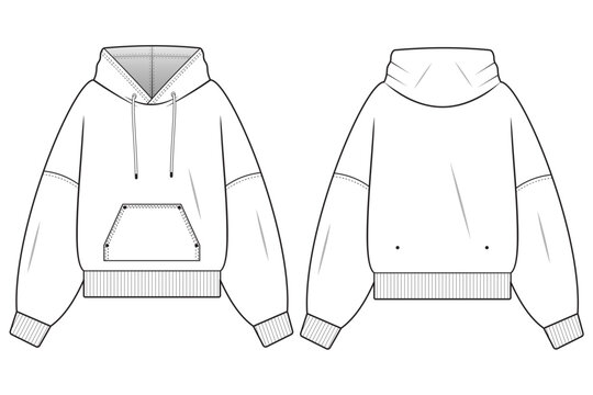 oversized hoodie technical fashion illustration. hoodie vector template. front and back view, drop shoulder, unisex, CAD mockup set.