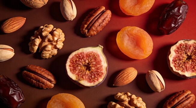 Commercial digital art of elegant charcuterie assortment without meats, nuts and fruits only, scatte