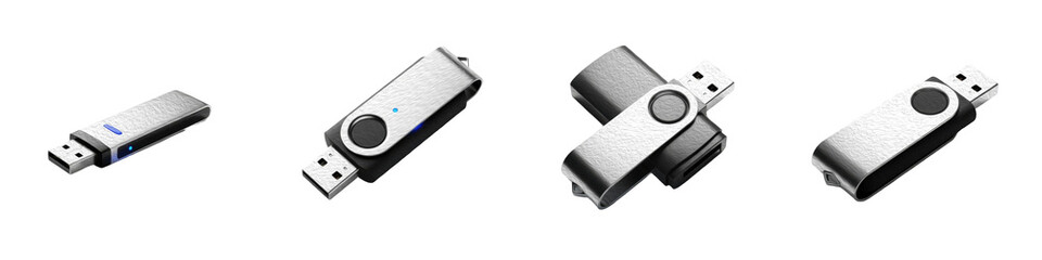 Set of Four Metallic USB Flash Drives in Various Positions PNG with Oil Paint Effect Isolated on...