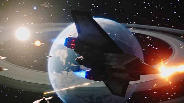 cinematic epic space battle with futuristic vessels flying past a ringed planet and bright explosions in deep galaxy under stars