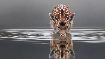 Fototapeta premium A young spotted deer (fawn) drinking from a calm body of water, with its reflection visible on the surface. Concept Fawn at tranquil water, Water reflection, Wildlife moment, Forest setting