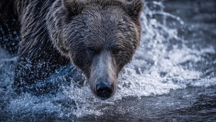 Fototapeta premium A brown bear wading through splashing water in a river Concept Brown bear in river, Splashing water moment, Wildlife photography, Riverine habitat, Majestic wilderness