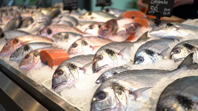 Gimbal tracking video pans across a pristine, modern seafood market display with vibrant salmon, snapper, sea bream, cod on ice, highlighted by soft natural light and extreme close-ups, concept of