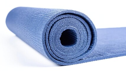 Blue textured yoga mat rolled up into a compact cylinder. Concept Blue textured yoga mat, Rolled-up compact mat, Compact fitness gear, Home workout essentials, Exercise equipment detail