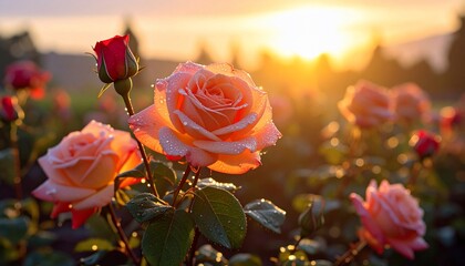 Peach roses glow in the soft morning light; a garden basks in the sun's warm embrace