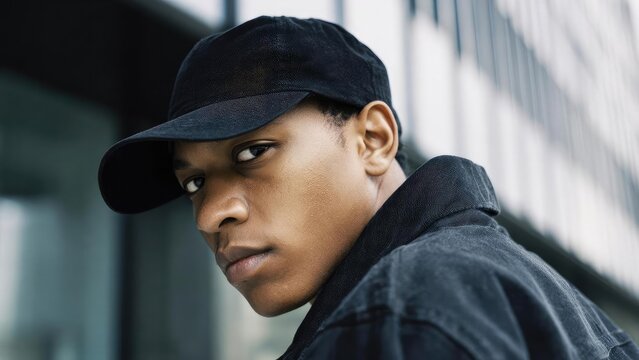 Portrait of a young man in a black cap and jacket, looking over his shoulder at the camera. Concept Youthful portrait, over-the-shoulder gaze, urban fashion vibe, black cap and jacket, moody lighting