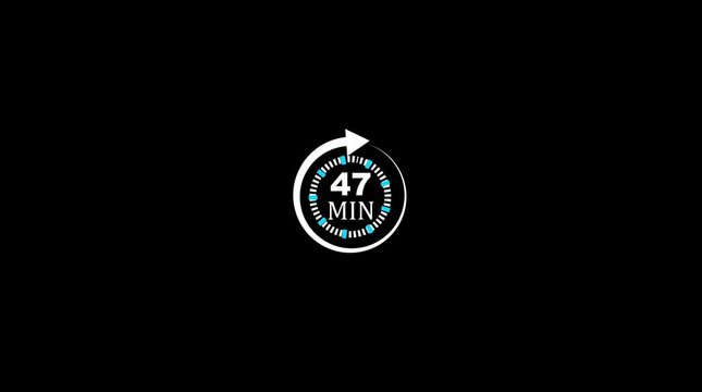 White circular timer with arrow showing 47 minutes on black background clock countdown