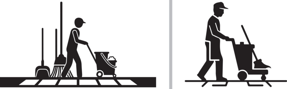 Black and white vector icons of janitors cleaning floors. One worker pushes a mop bucket past brooms on a tiled surface; the other operates a cleaning cart. Professional maintenance theme.