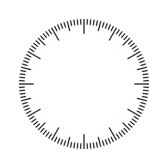 Mechanical clock face, bezel. Watch dial with minute and hour marks. Timer or stopwatch element. Blank measuring circle scale with divisions. Vector illustration