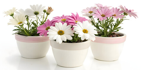Beautiful daisies in pots, isolated on white. Studio shot