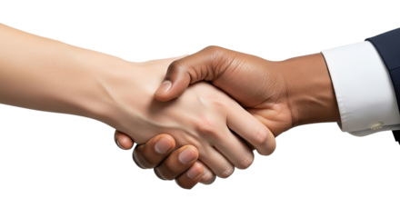Diverse Business Partnership: Close-up of a handshake between a Caucasian person and an African American person, symbolizing unity and collaboration.