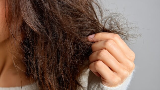 Woman's hand pulling a messy tangled mass of dry, frizzy, and damaged hair, showing signs of breakage, split ends, and brittle strands needing treatment and repair