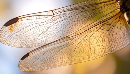 Macro close-up of transparent dragonfly wings backlit by golden sunlight, showing intricate vein patterns.