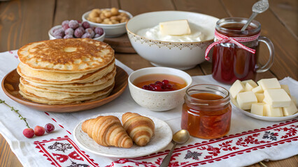 Traditional Russian Maslenitsa celebration breakfast spread with stack hot golden pancakes croissants berry jams honey butter cubes and sour cream served on folk embroidered white linen cloth.