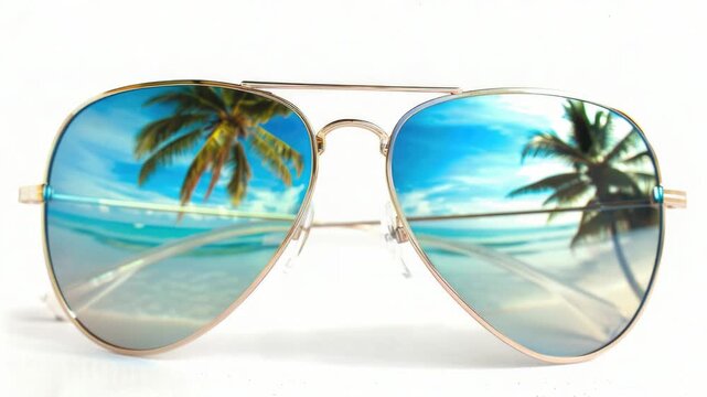 Video A pair of sunglasses reflecting a palm tree, useful for beach or tropical themed designs