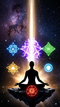 Meditation silhouette floating rock with glowing chakra symbols cosmic beam floating silhouette
