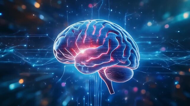 "Digitally rendered human brain glowing blue and red with neural pathways on futuristic background&hellip;"