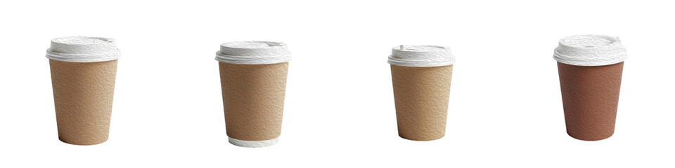 Four Disposable Paper Coffee Cups with White Lids PNG with Oil Paint Effect Isolated on White Background