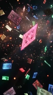 Colorful plastic fragment floating in dark space with glowing spark and vibrant dynamic motion