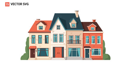 Fototapeta premium Charming Row Houses Vector Illustration - Residential Buildings in Flat Design Style