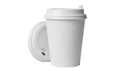 Crisp White Disposable Coffee Cup with Lid and Water Droplets on a Clean White Background