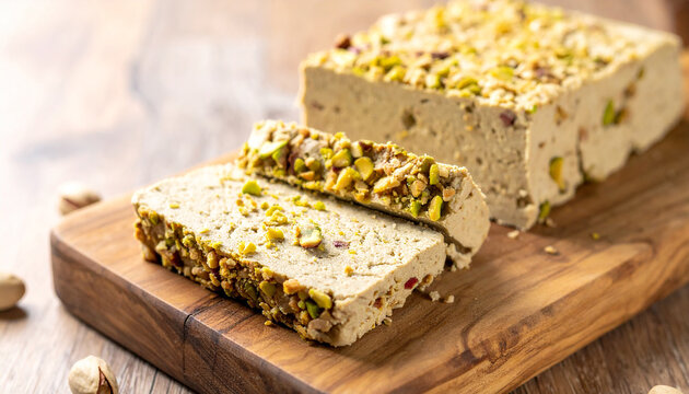 Traditional sesame halva slices with pistachios on a wooden board, rustic dessert styling, sweet snack.