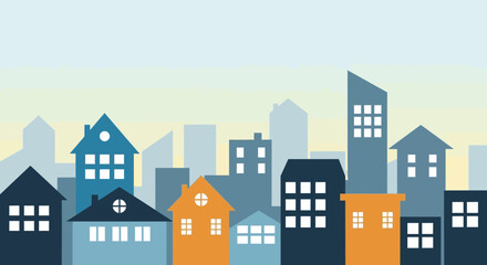 Obraz premium Flat Illustration of Diverse City Buildings and Houses Skyline