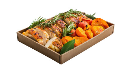 Sliced roasted chicken with baked pumpkins garnished with herbs in cardboard box