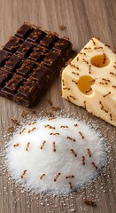 Numerous small insects swarm across piles of sugar, a dark confection, and a block of dairy product