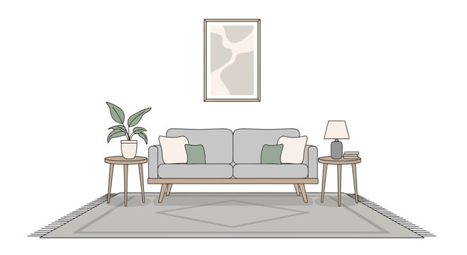Minimalist living room with sofa, plants, lamp, and artwork on white background